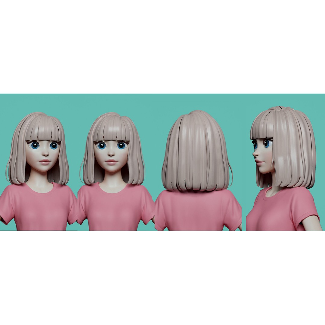 Stylized Female Hair 3D Model – Low Poly Cartoon Hair Package, FBX - View 15