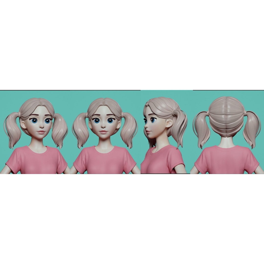Stylized Female Hair 3D Model – Low Poly Cartoon Hair Package, FBX - View 17