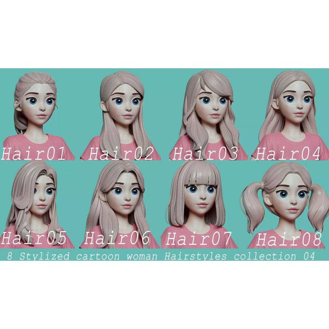 Stylized Female Hair 3D Model – Low Poly Cartoon Hair Package, FBX - View 2