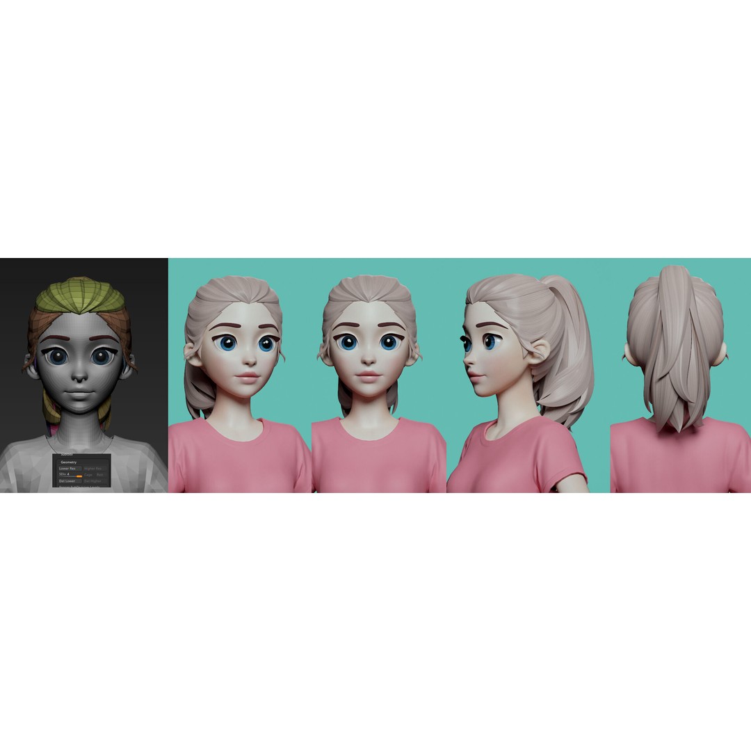 Stylized Female Hair 3D Model – Low Poly Cartoon Hair Package, FBX - View 3