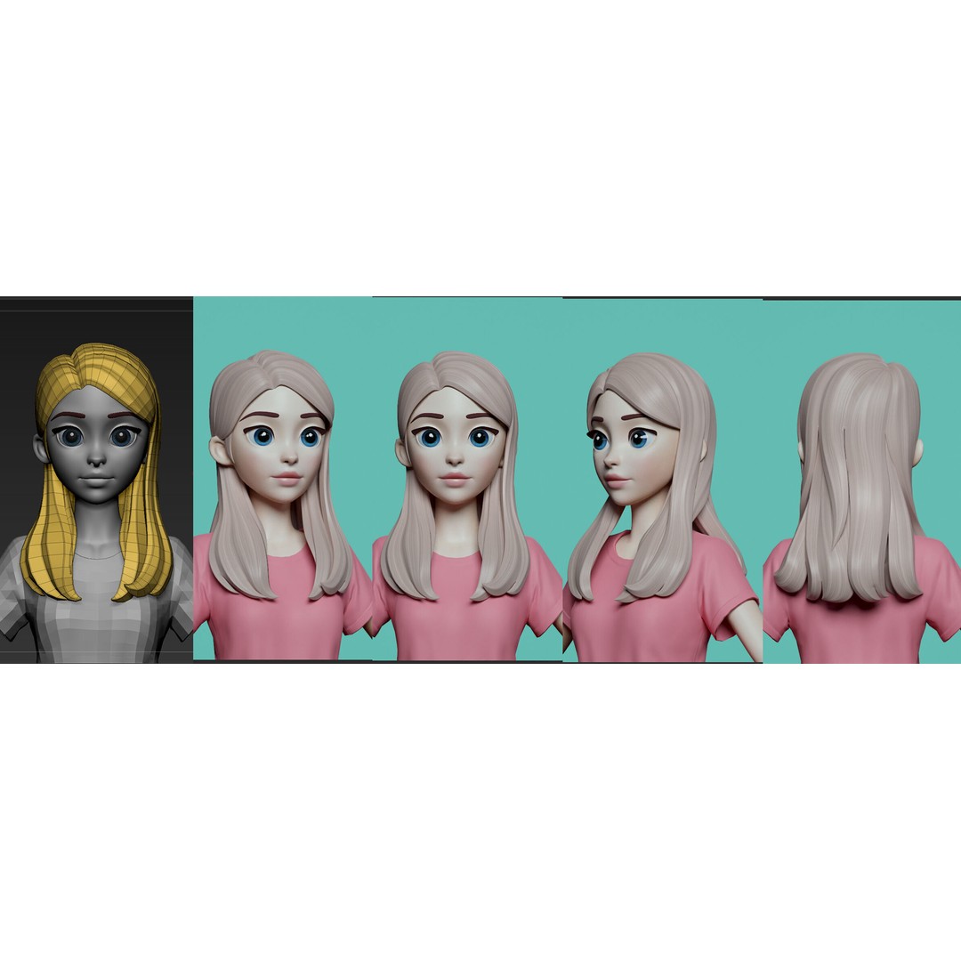 Stylized Female Hair 3D Model – Low Poly Cartoon Hair Package, FBX - View 5