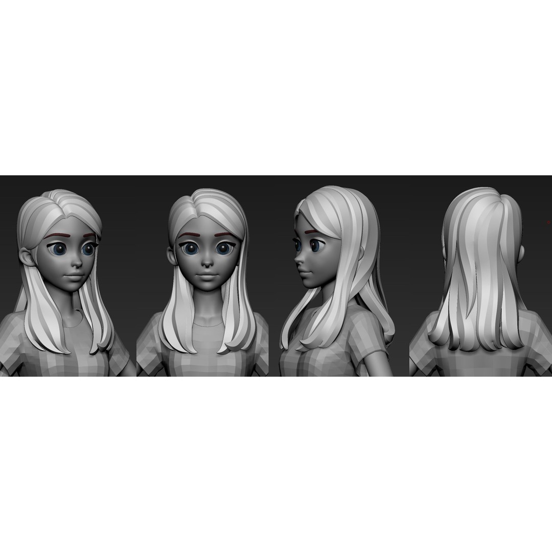 Stylized Female Hair 3D Model – Low Poly Cartoon Hair Package, FBX - View 6