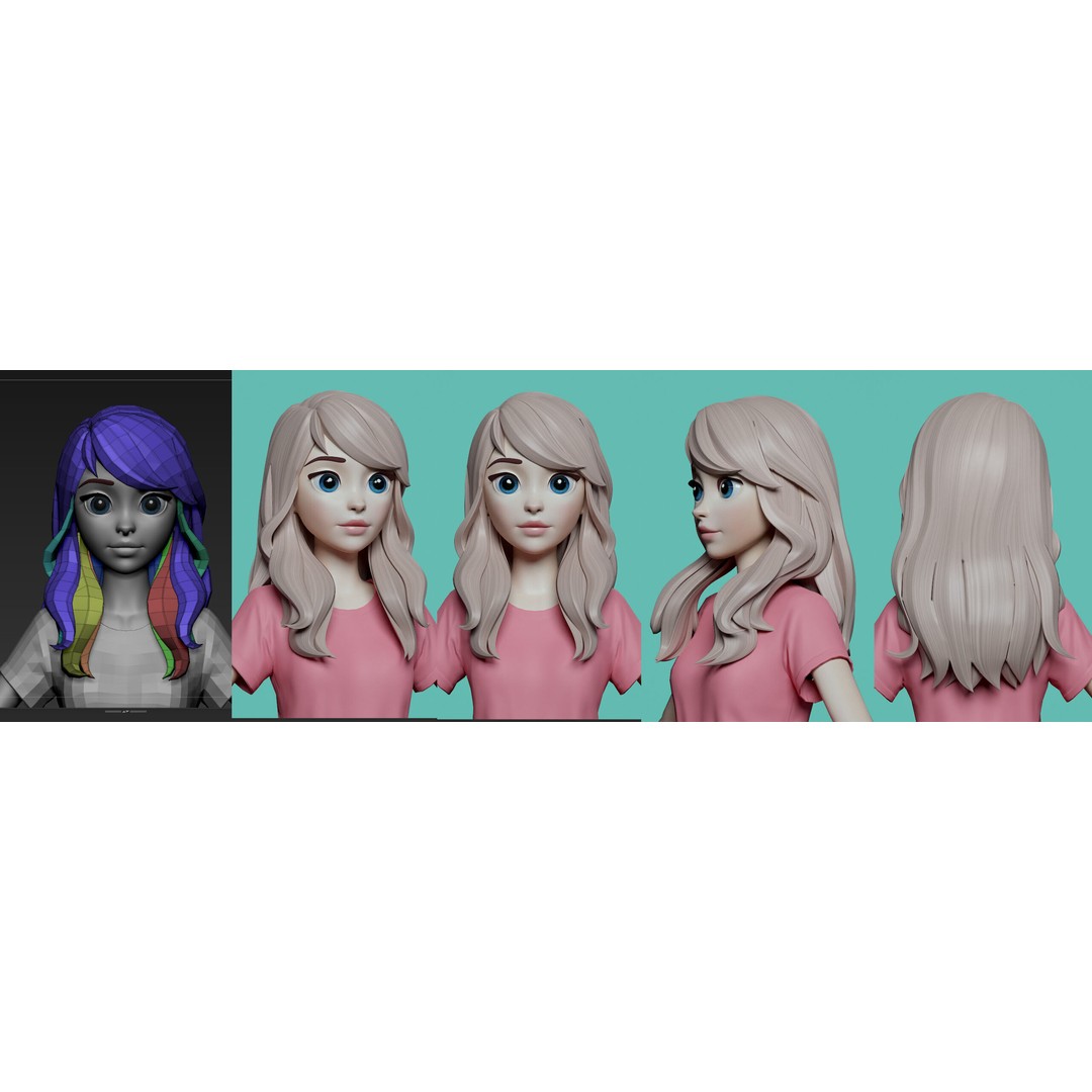 Stylized Female Hair 3D Model – Low Poly Cartoon Hair Package, FBX - View 7