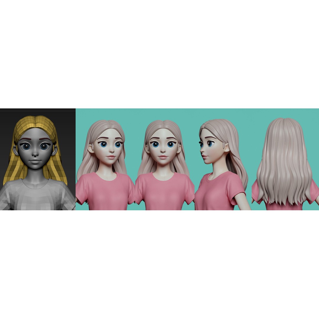Stylized Female Hair 3D Model – Low Poly Cartoon Hair Package, FBX - View 9