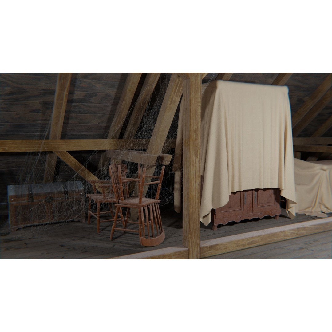 Old Attic 3D Model – Low Poly Interior Scene, FBX, Blender, Game Ready - View 15