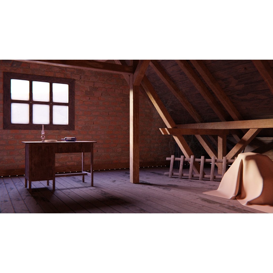 Old Attic 3D Model – Low Poly Interior Scene, FBX, Blender, Game Ready - View 26