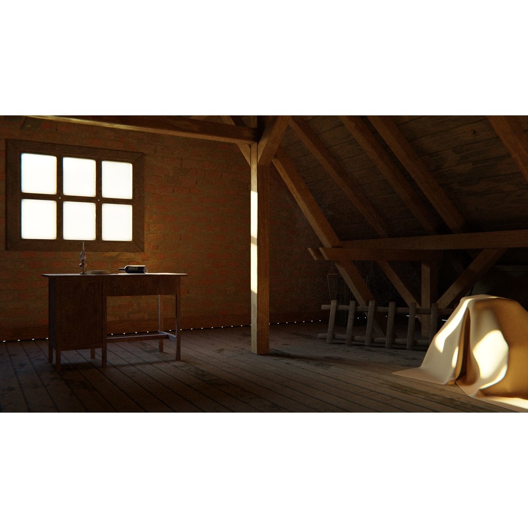 Old Attic 3D Model – Low Poly Interior Scene, FBX, Blender, Game Ready - View 8
