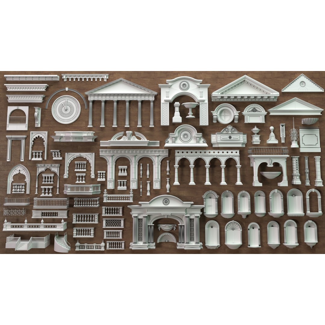 Building Facade 3D Model – Middle Poly Architectural Kitbash, FBX, OBJ - View 3