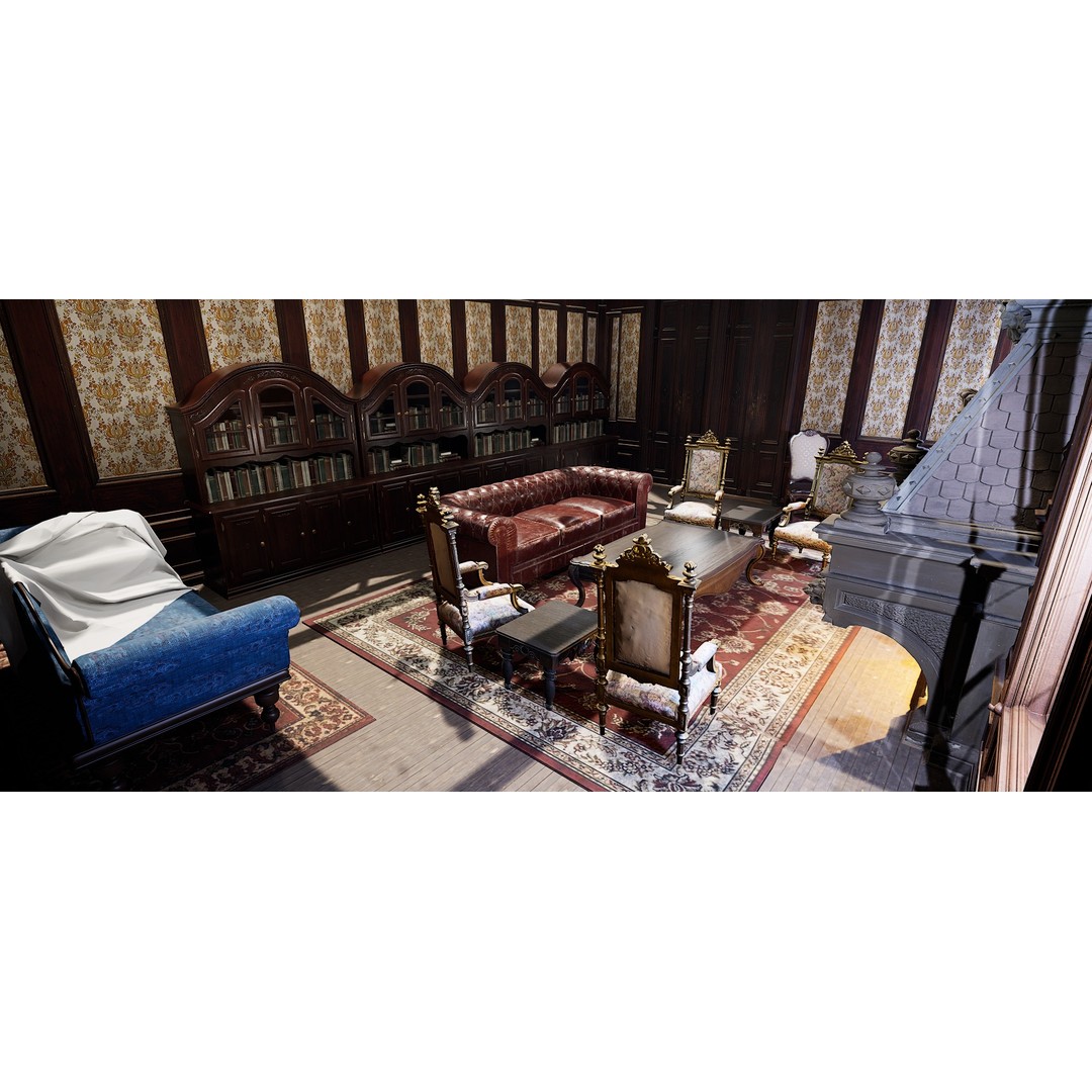 Victorian Room 3D Model – Cozy Interior with Fireplace, FBX, OBJ - View 18