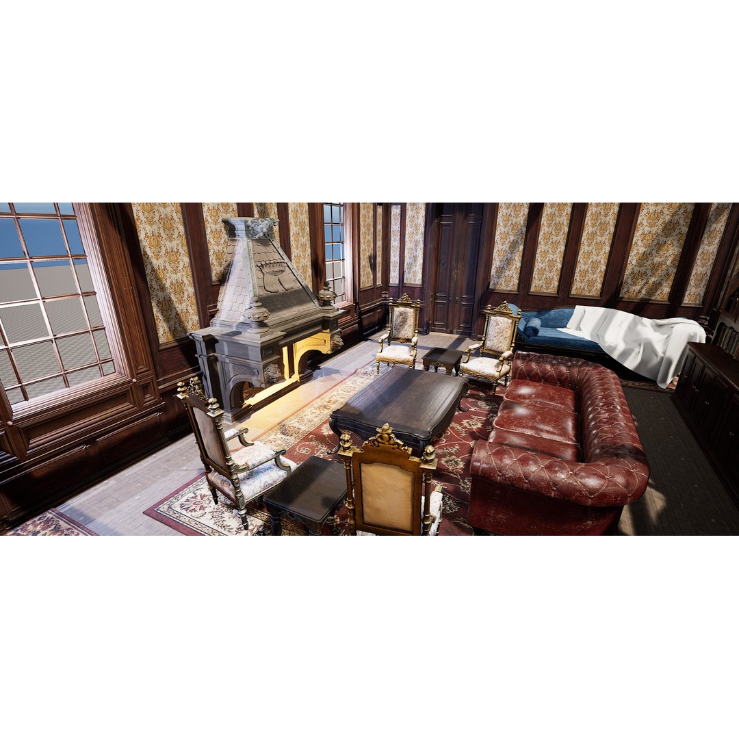 Victorian Room 3D Model – Cozy Interior with Fireplace, FBX, OBJ - View 3