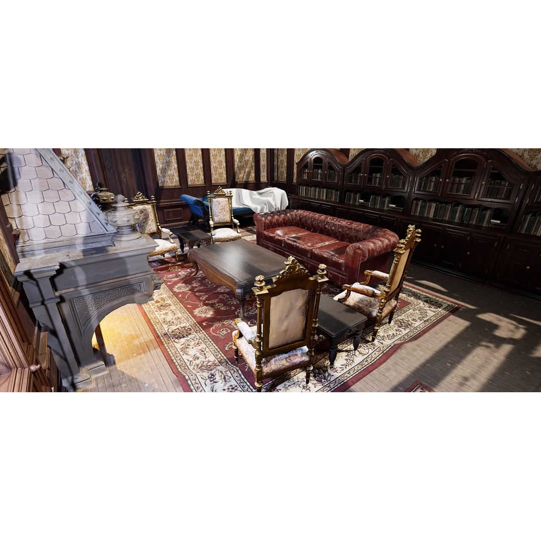 Victorian Room 3D Model – Cozy Interior with Fireplace, FBX, OBJ - View 6