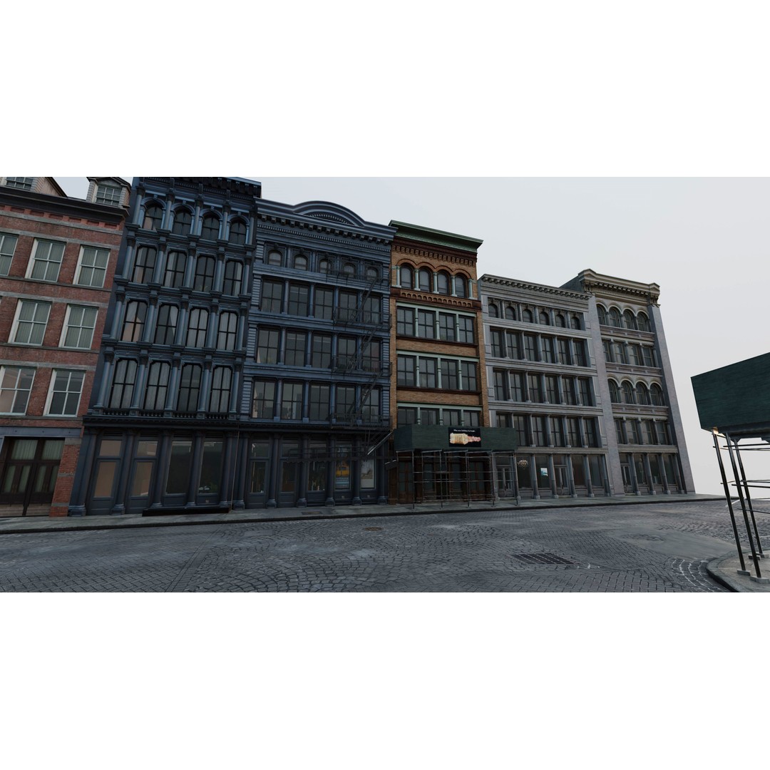 SoHo City Block 3D Model – Low Poly Game Ready Architecture, FBX, OBJ - View 3