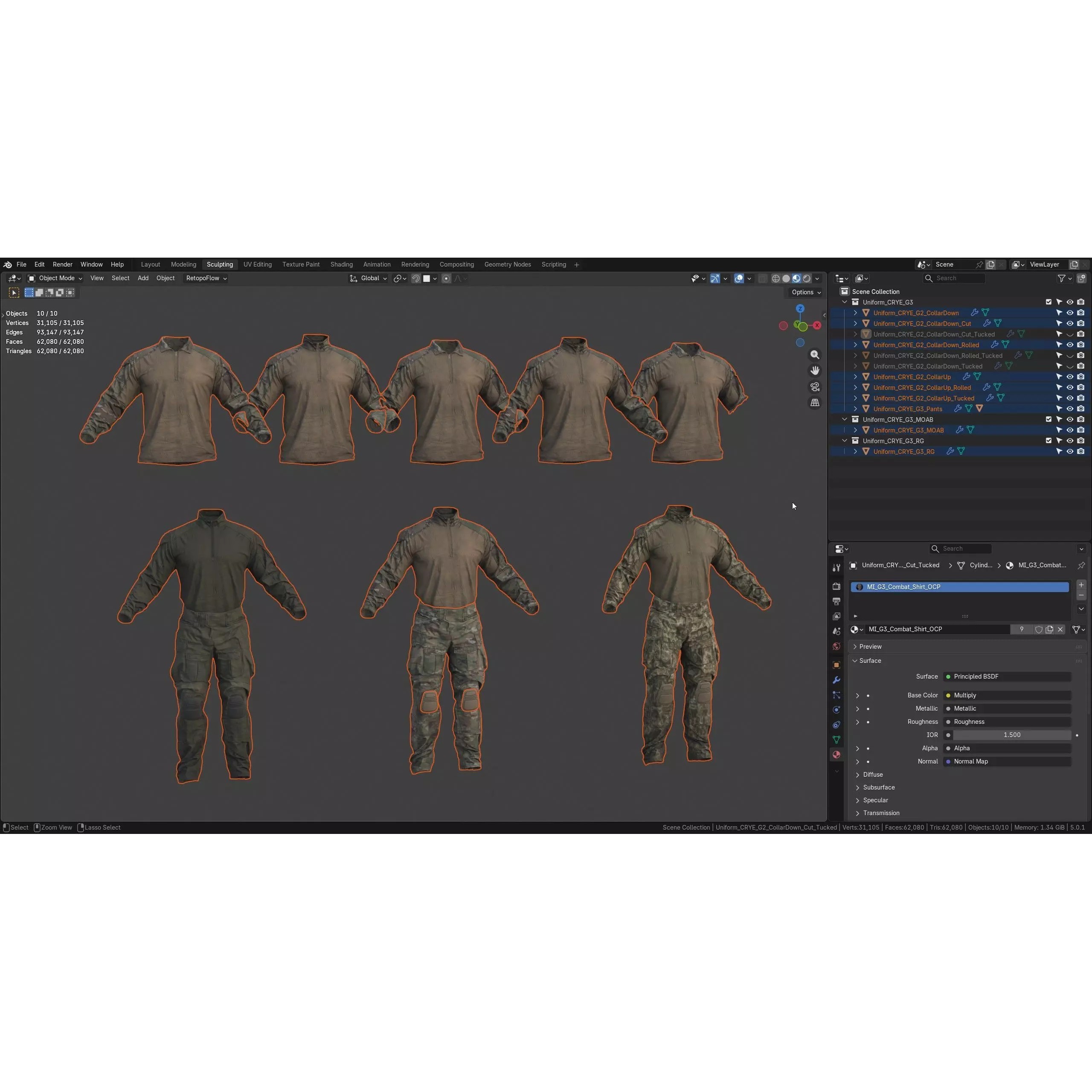 CRYE Precision Combat Uniform G3 - Low-Poly Game-Ready 3D Model