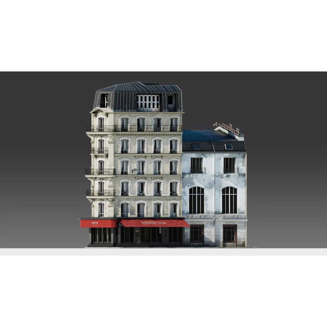 Parisian Cafe Corner Building 3D Model – Detailed Architecture with PBR Textures - View 2