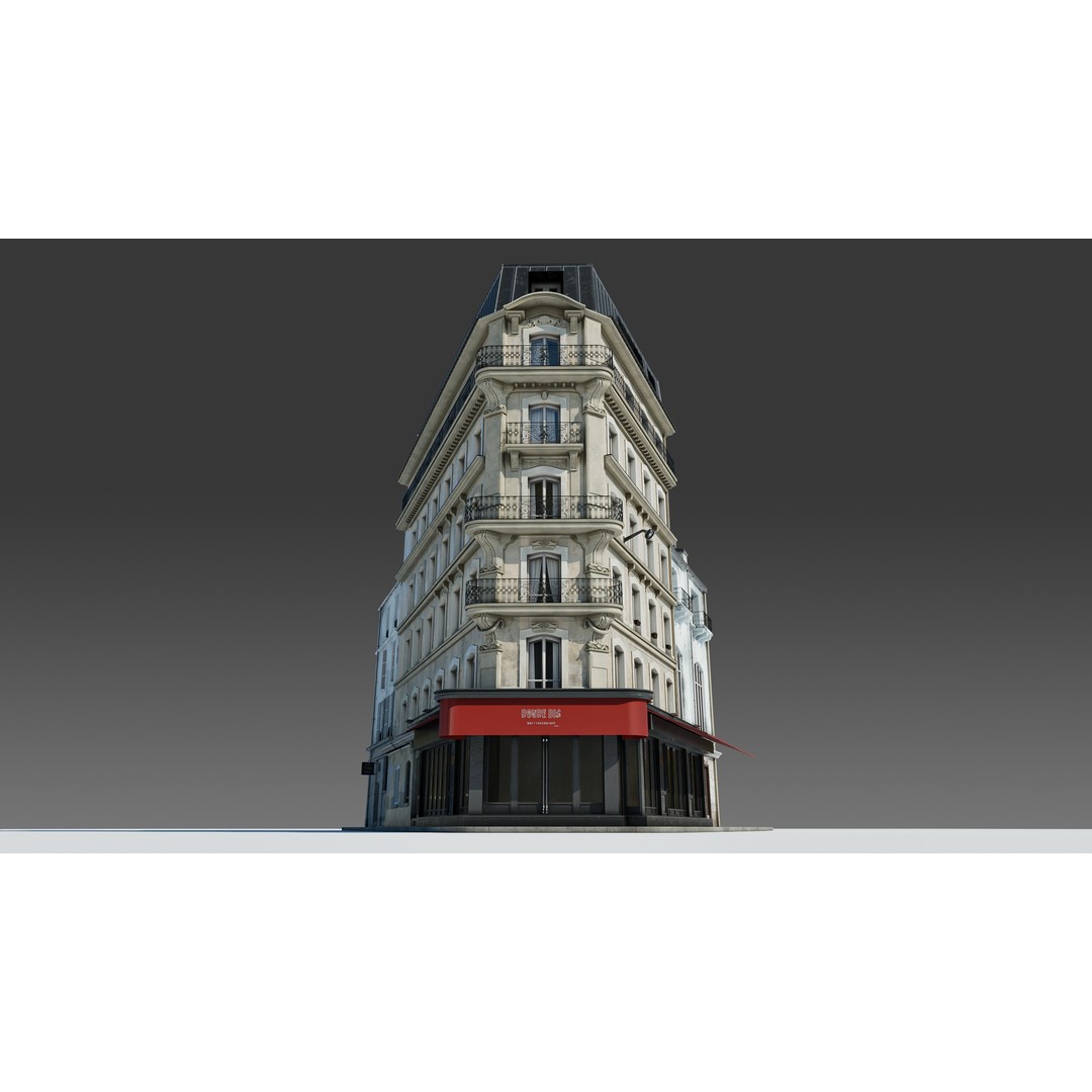 Parisian Cafe Corner Building 3D Model – Detailed Architecture with PBR Textures - View 6