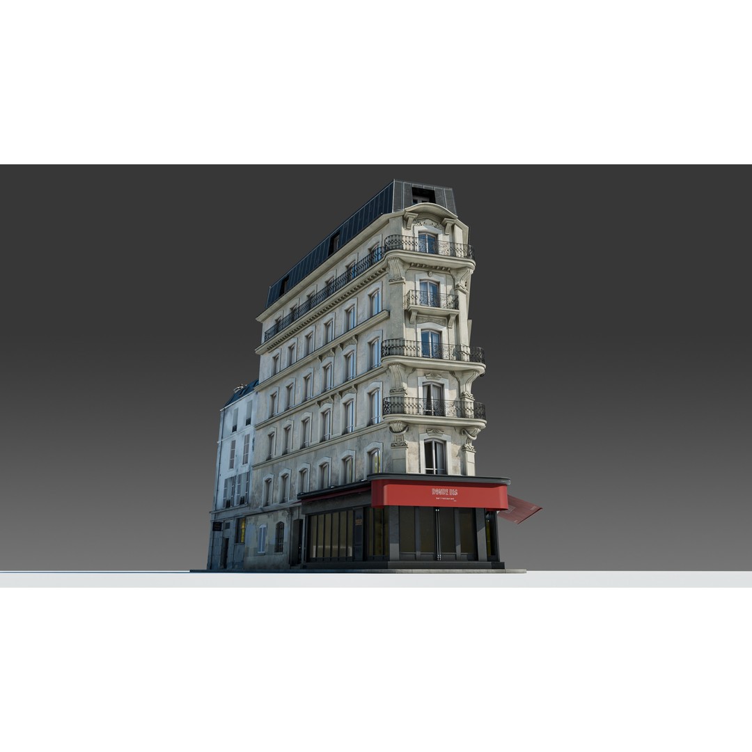 Parisian Cafe Corner Building 3D Model – Detailed Architecture with PBR Textures - View 7