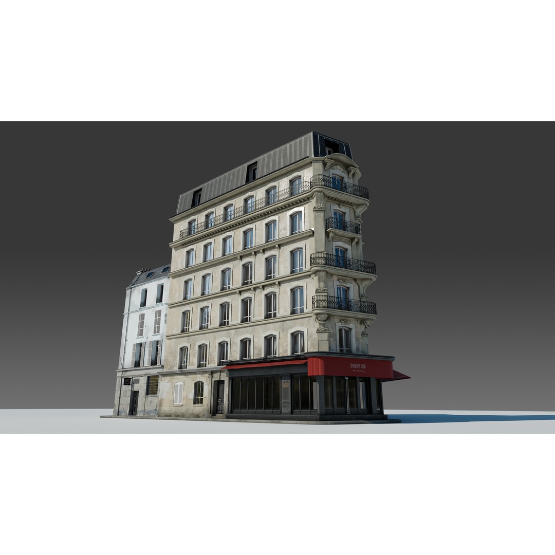 Parisian Cafe Corner Building 3D Model – Detailed Architecture with PBR Textures - View 8