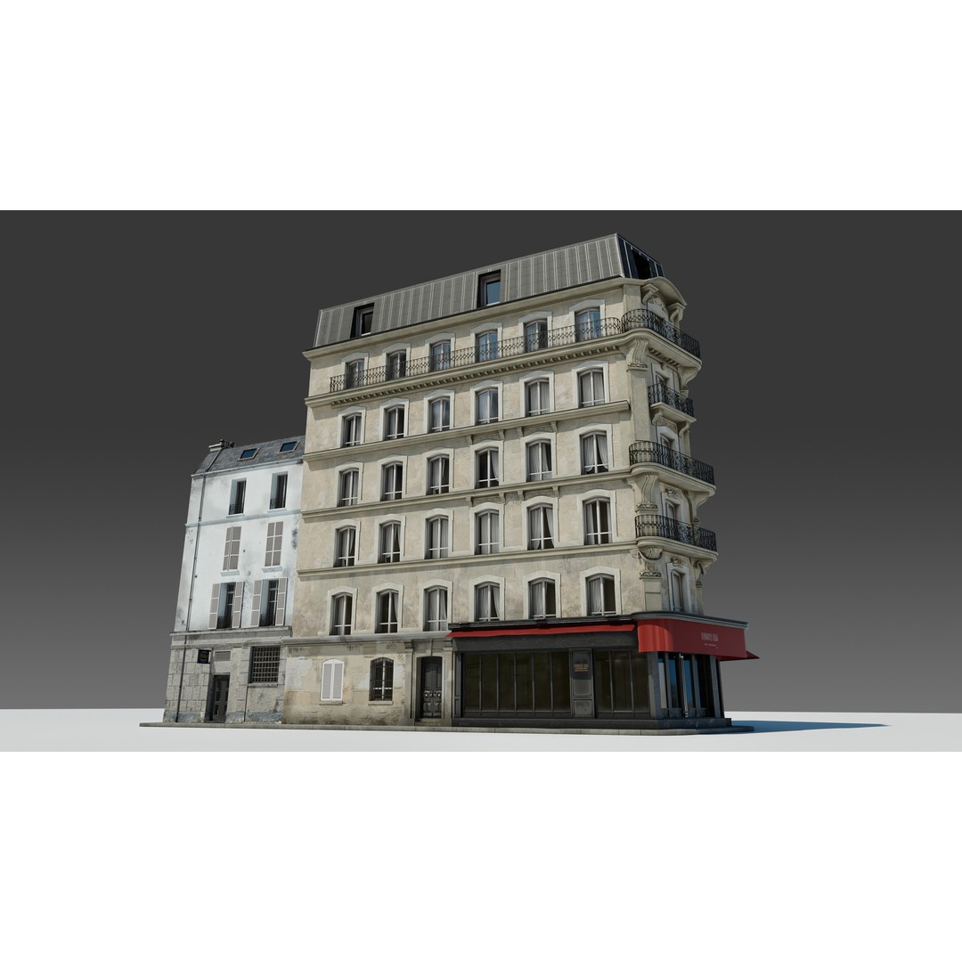 Parisian Cafe Corner Building 3D Model – Detailed Architecture with PBR Textures - View 9