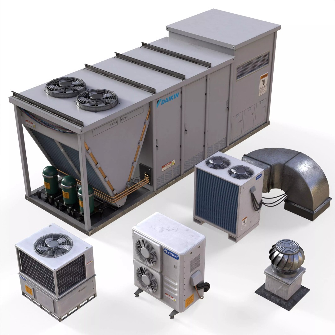 Rooftop Props 3D Model – Low Poly HVAC & Ventilation Units, FBX