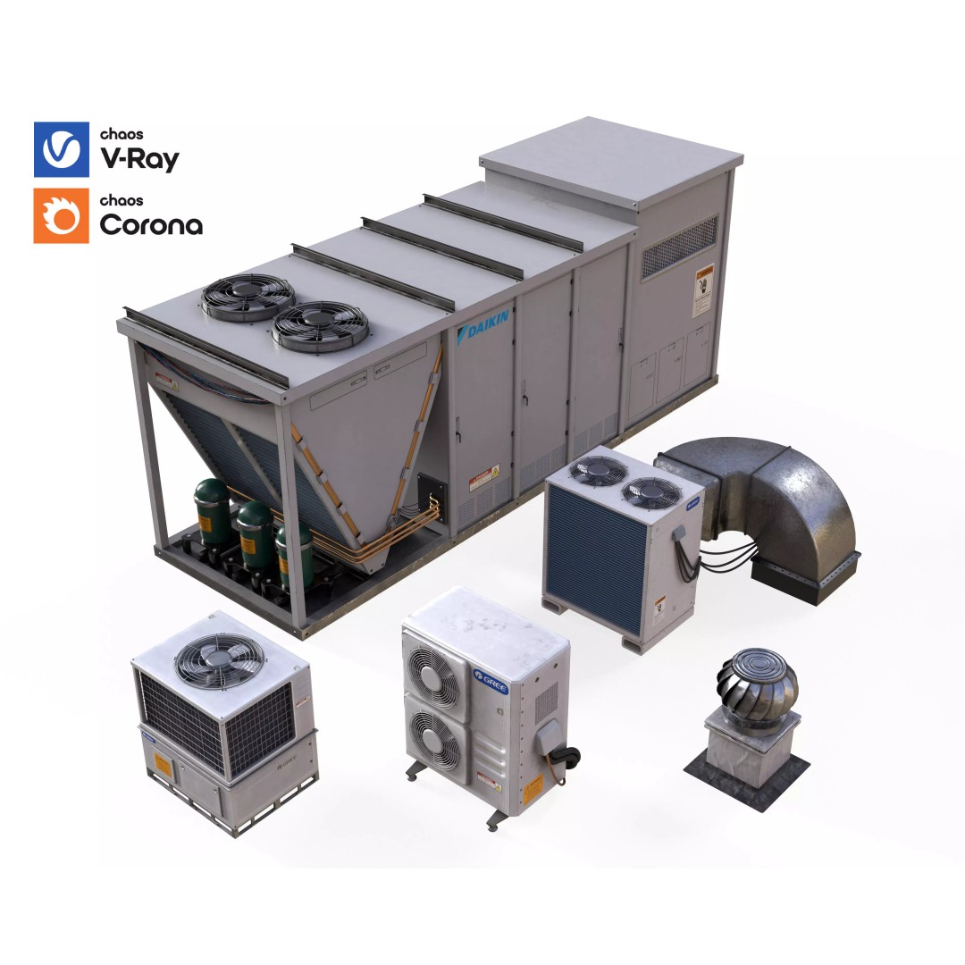 Rooftop Props 3D Model – Low Poly HVAC & Ventilation Units, FBX - View 2