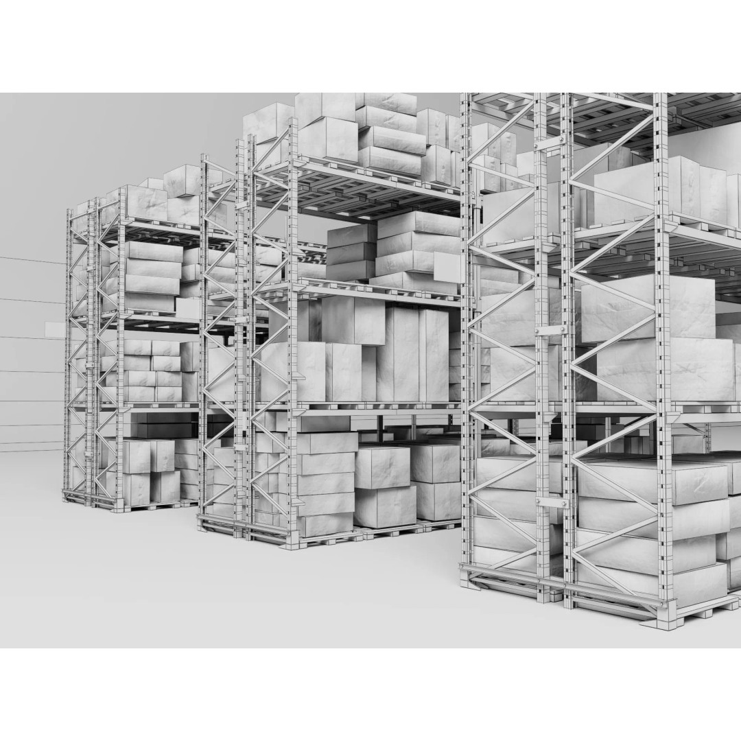 Industrial Warehouse Storage Racks 3D Model – Low Poly Rigged Asset, FBX