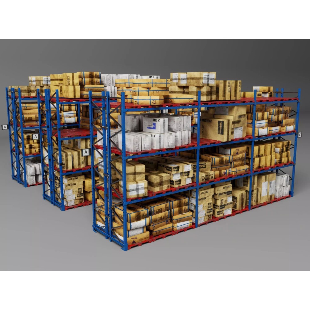 Industrial Warehouse Storage Racks 3D Model – Low Poly Rigged Asset, FBX - View 3
