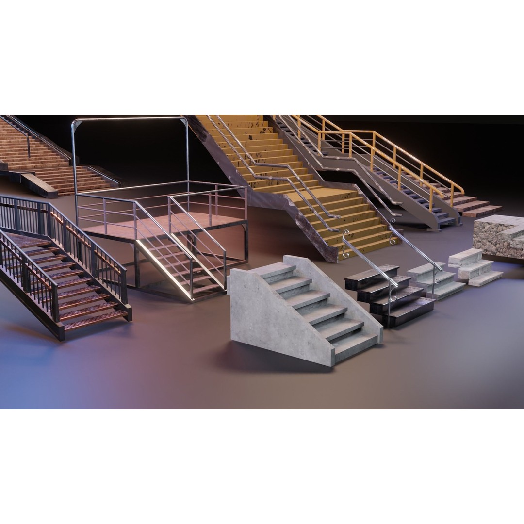 Low Poly Stairs 3D Model – PBR Textures, FBX, OBJ, Game Asset - View 15