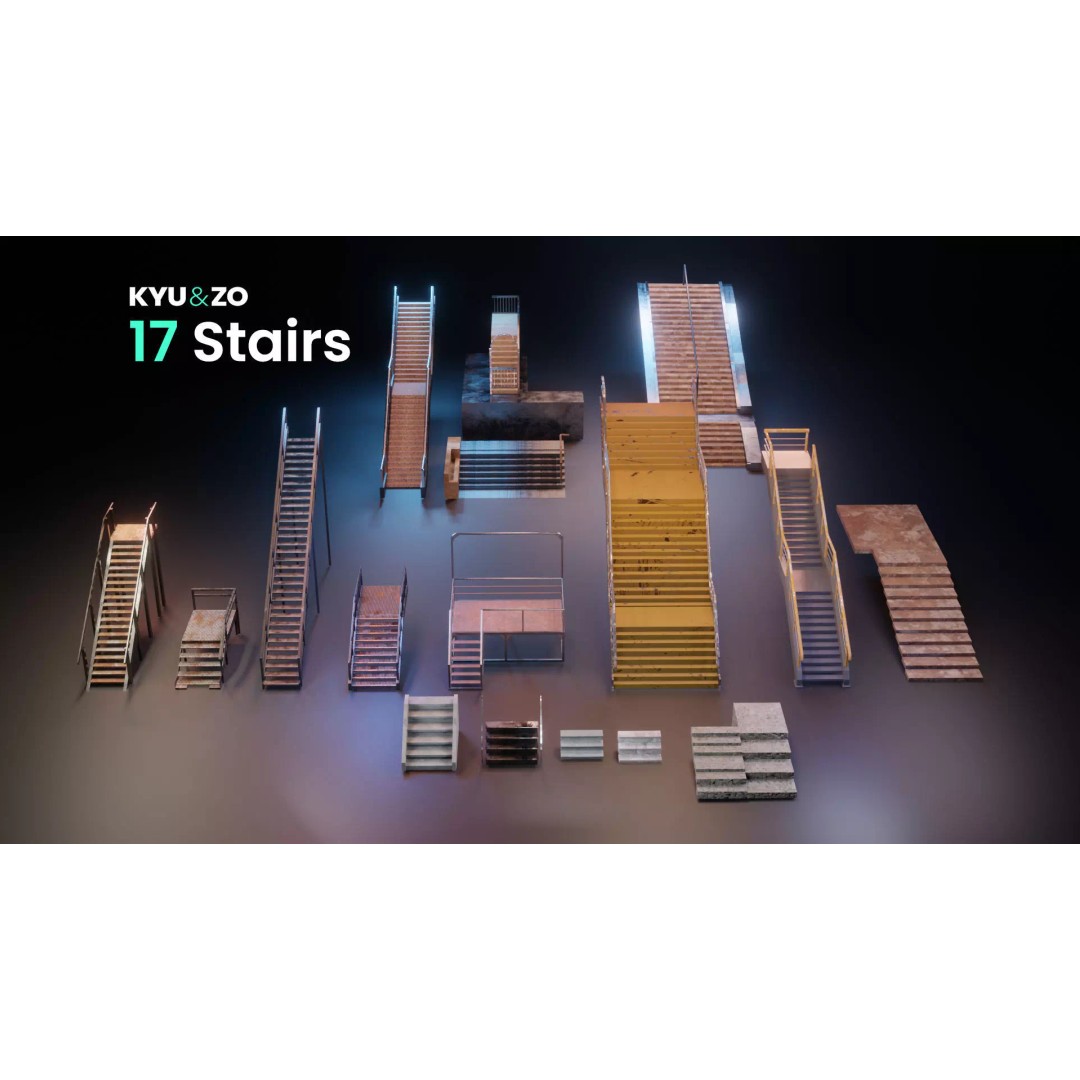 Low Poly Stairs 3D Model – PBR Textures, FBX, OBJ, Game Asset - View 2
