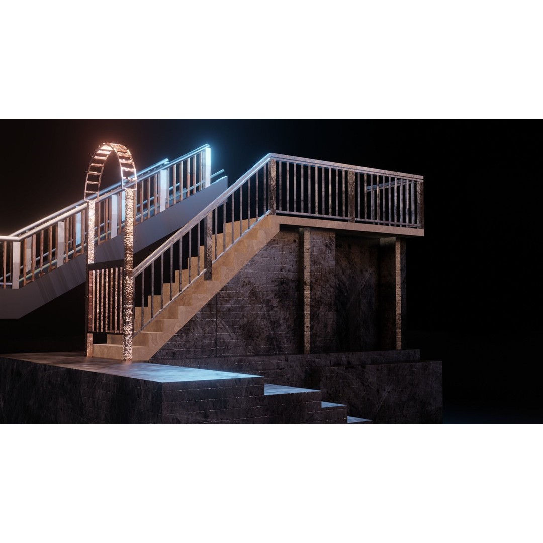 Low Poly Stairs 3D Model – PBR Textures, FBX, OBJ, Game Asset - View 3