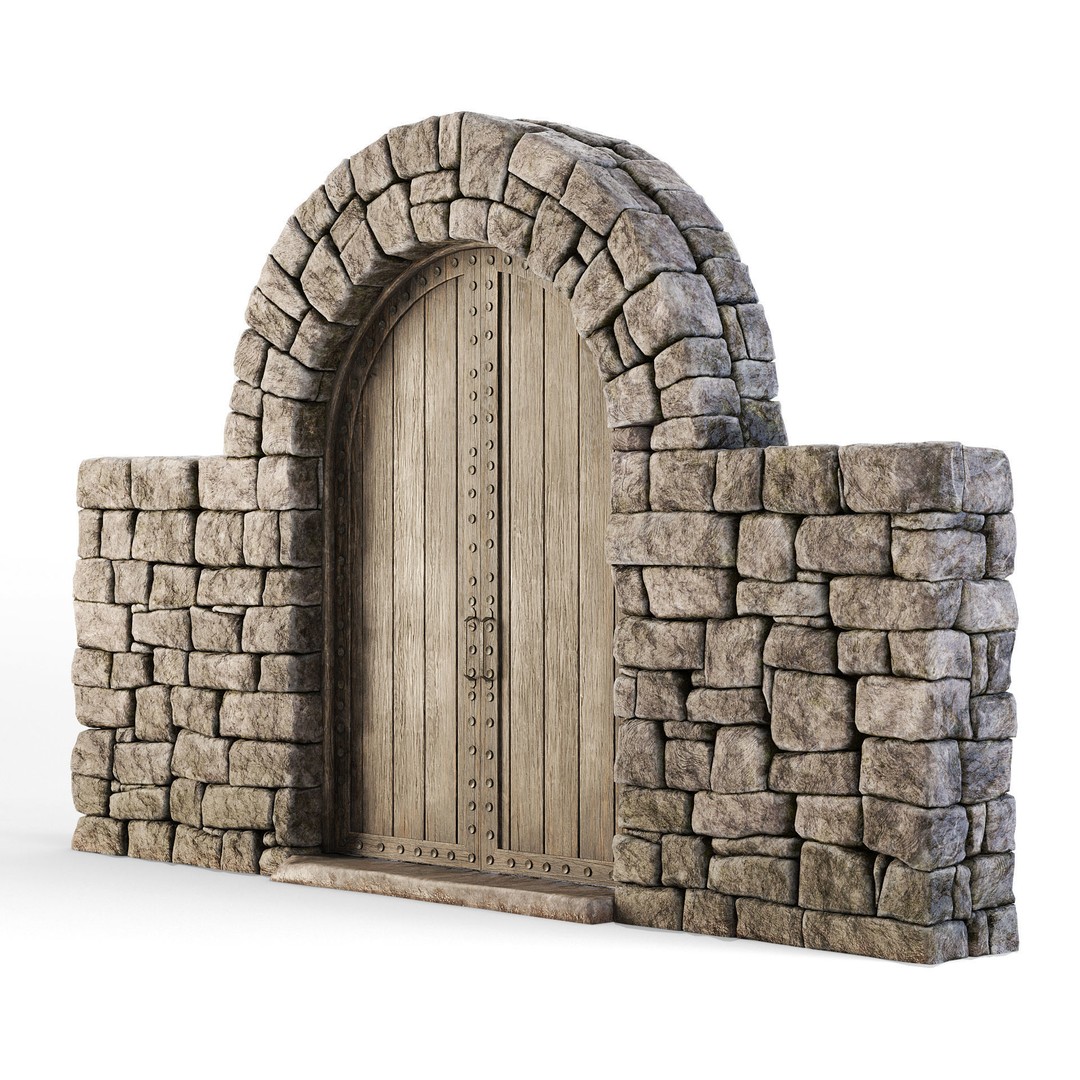 Forge Stone Wall 3D Model – Medieval Arch with Wooden Gate, FBX - View 15