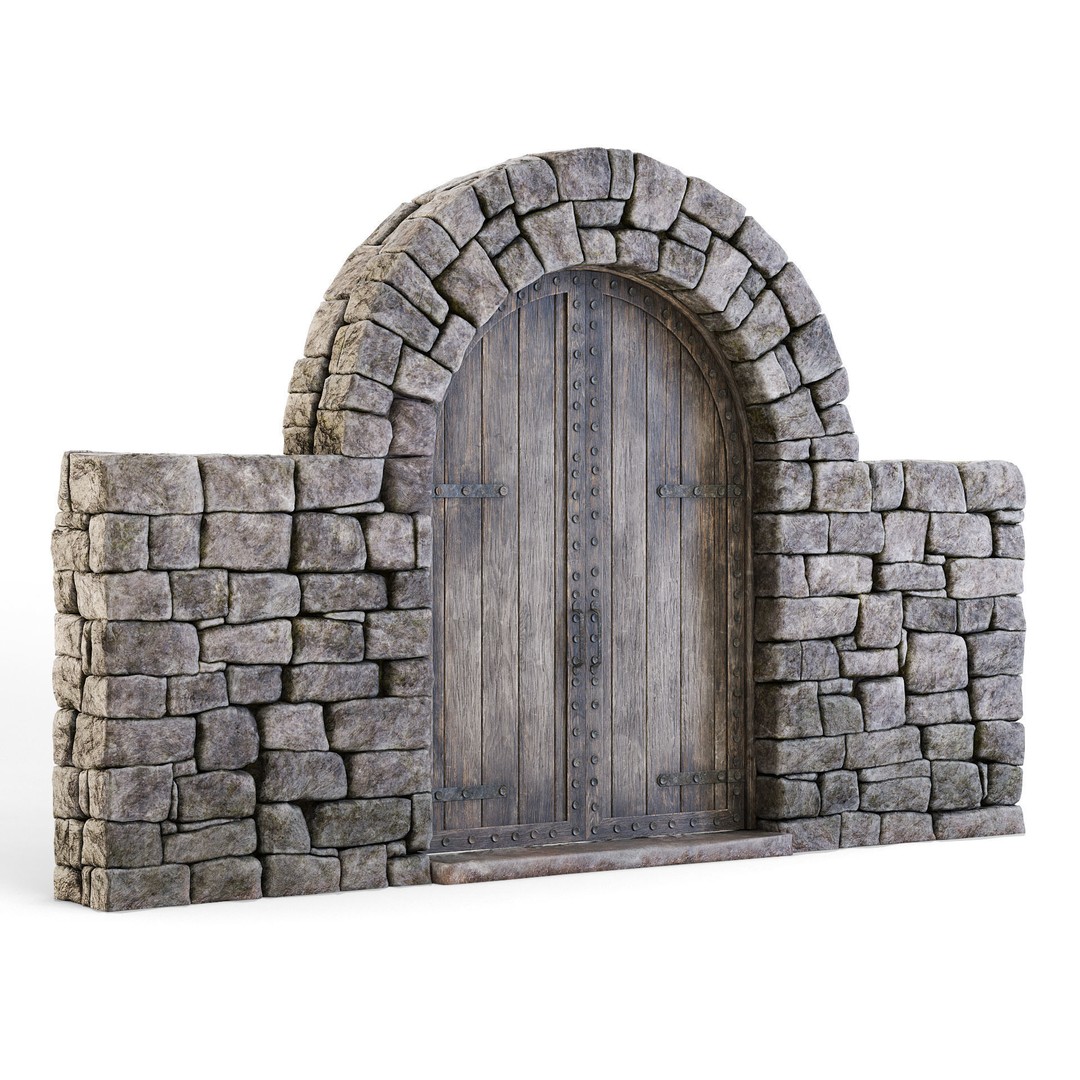 Forge Stone Wall 3D Model – Medieval Arch with Wooden Gate, FBX - View 23