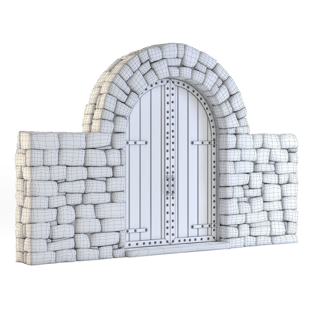 Forge Stone Wall 3D Model – Medieval Arch with Wooden Gate, FBX - View 3