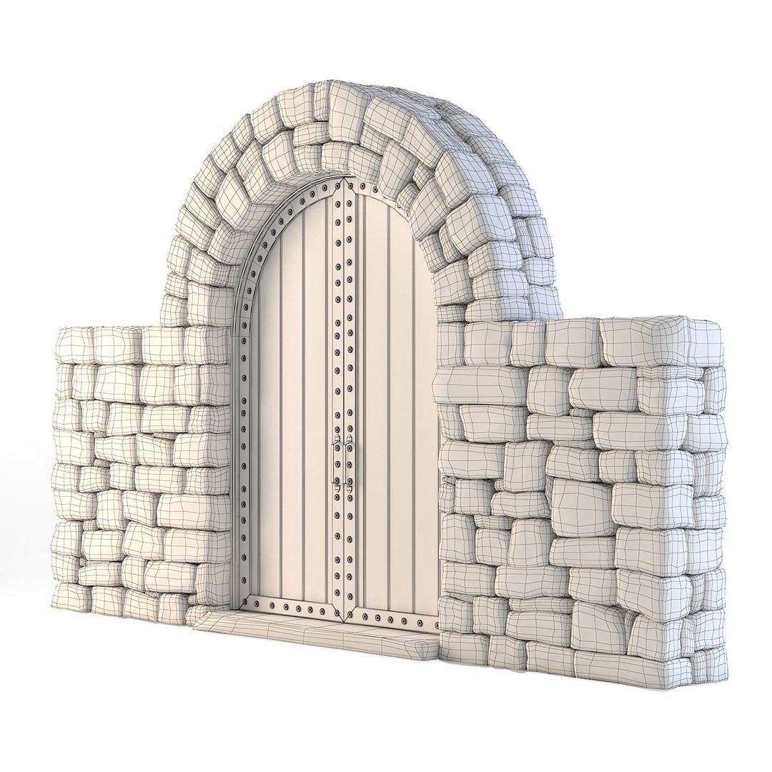 Forge Stone Wall 3D Model – Medieval Arch with Wooden Gate, FBX - View 5