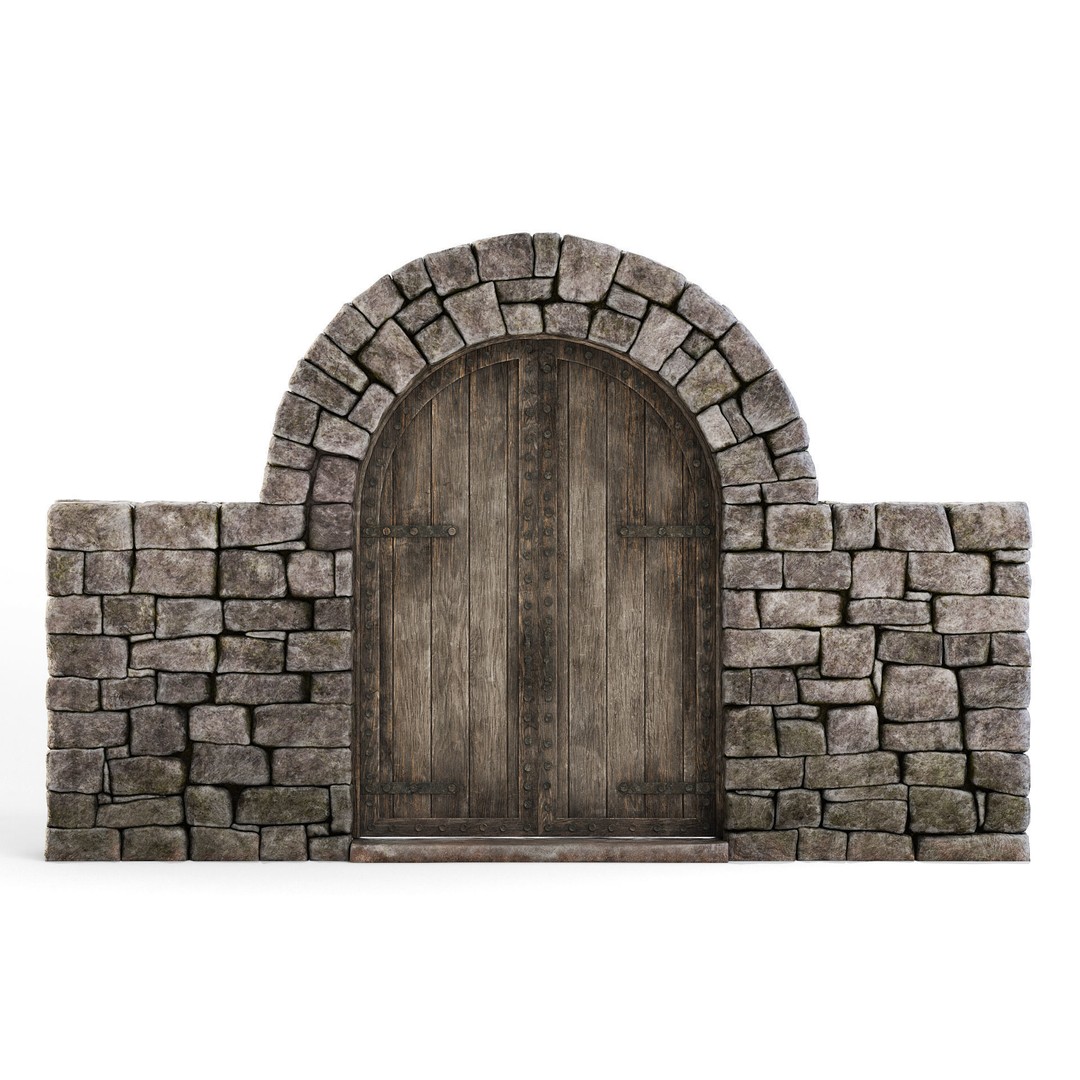 Forge Stone Wall 3D Model – Medieval Arch with Wooden Gate, FBX - View 6