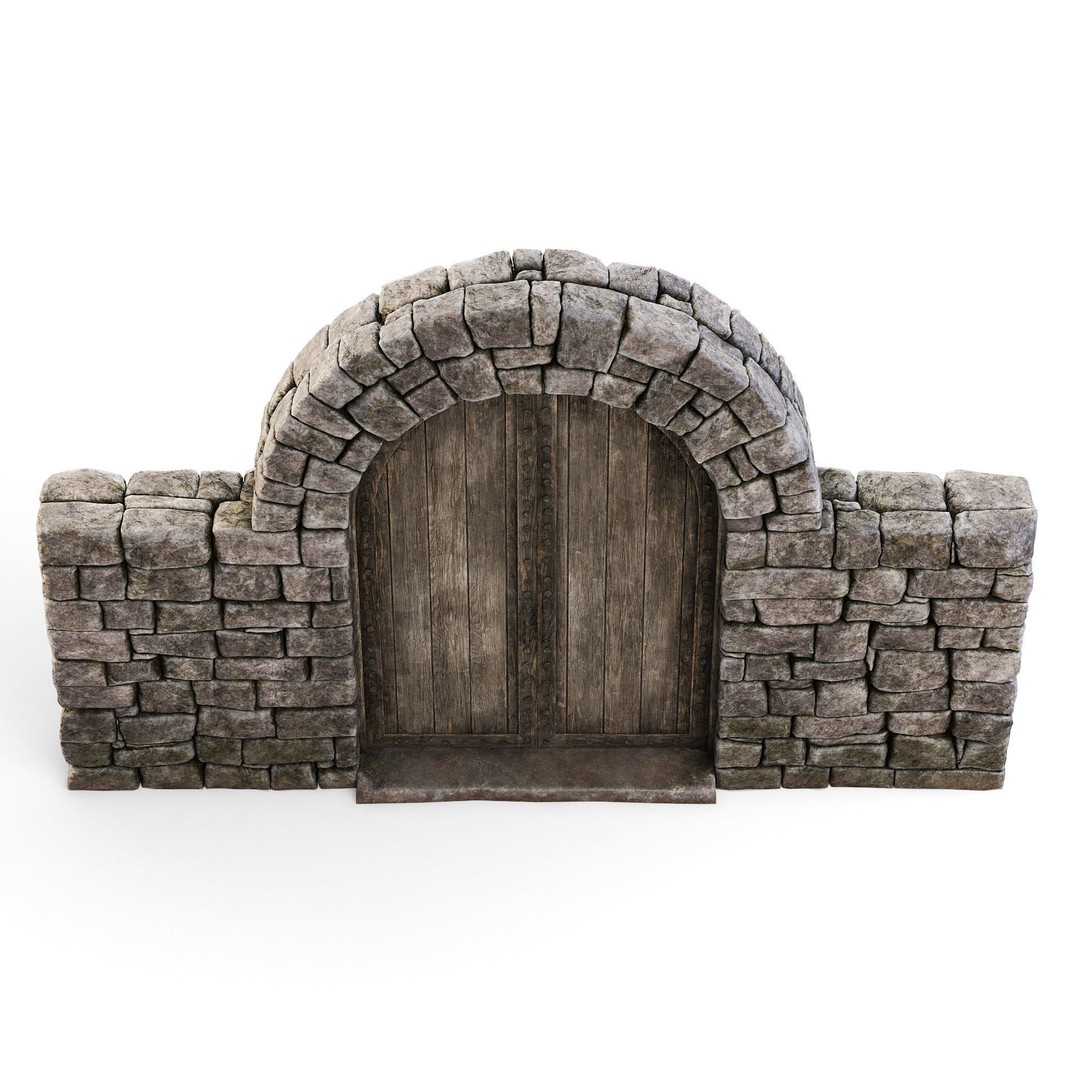 Forge Stone Wall 3D Model – Medieval Arch with Wooden Gate, FBX - View 9