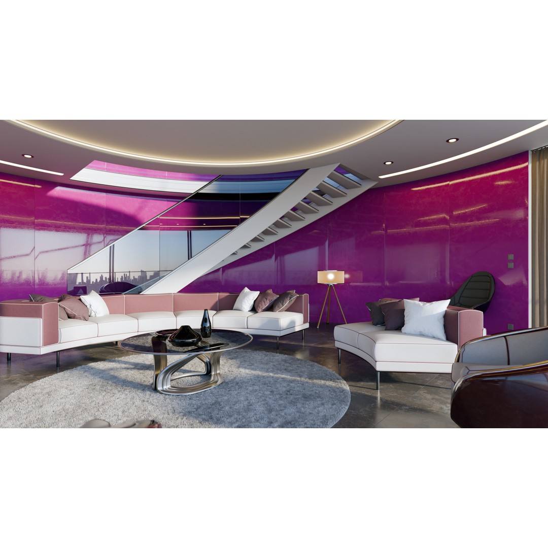 Modern Purple Living Room 3D Model – High Poly PBR Asset, Blender, FBX, OBJ - View 3