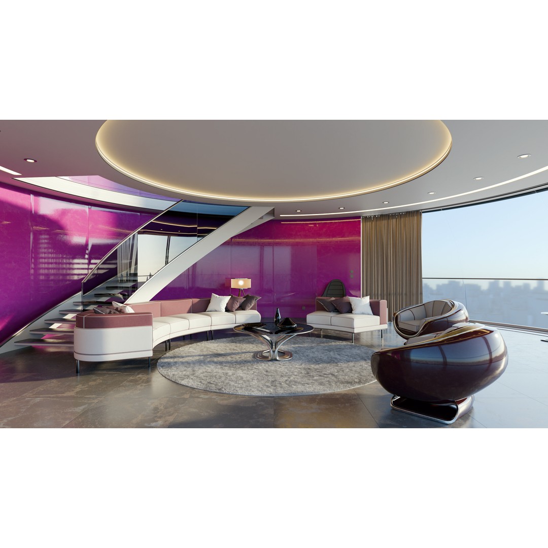 Modern Purple Living Room 3D Model – High Poly PBR Asset, Blender, FBX, OBJ - View 7