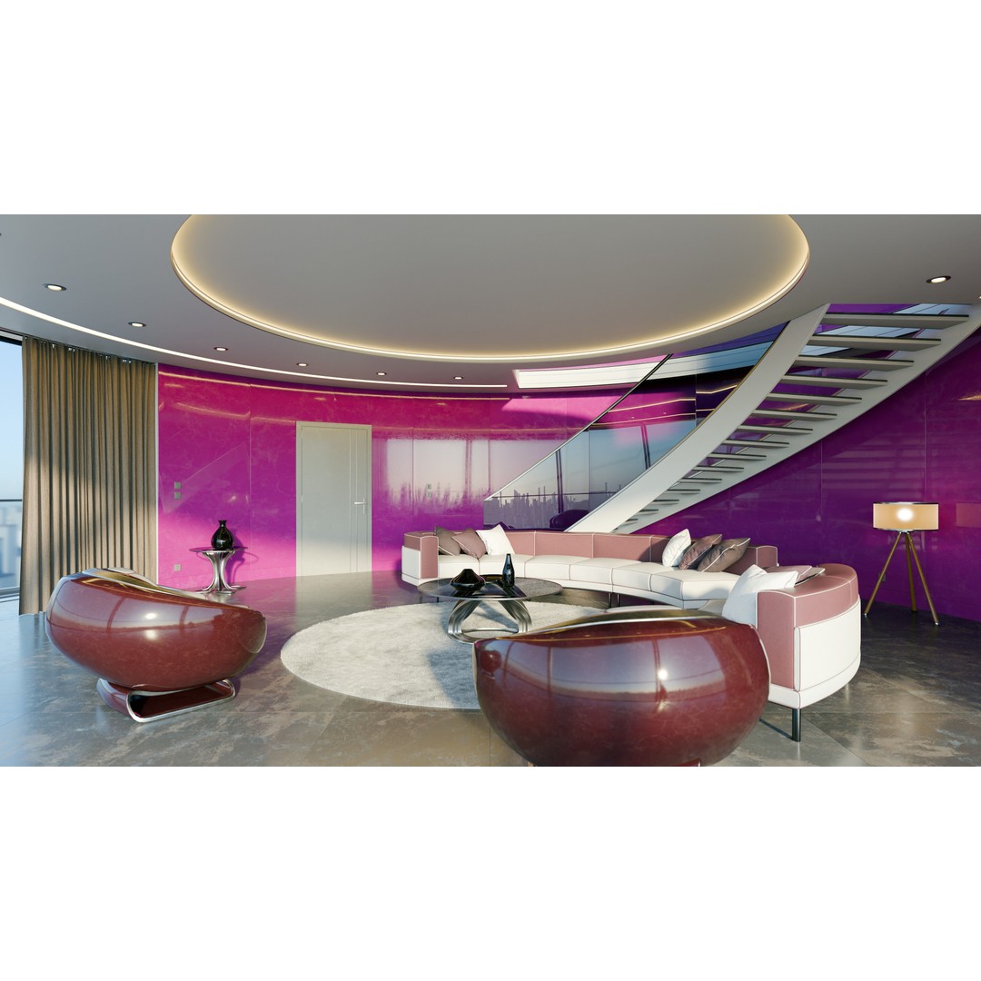 Modern Purple Living Room 3D Model – High Poly PBR Asset, Blender, FBX, OBJ - View 8