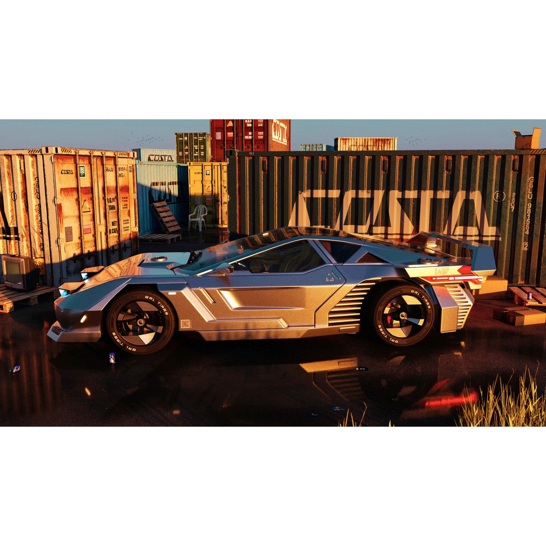 Car Cyberpunk 3D Model – Low Poly Game Asset, Rigged, PBR Textures - View 7