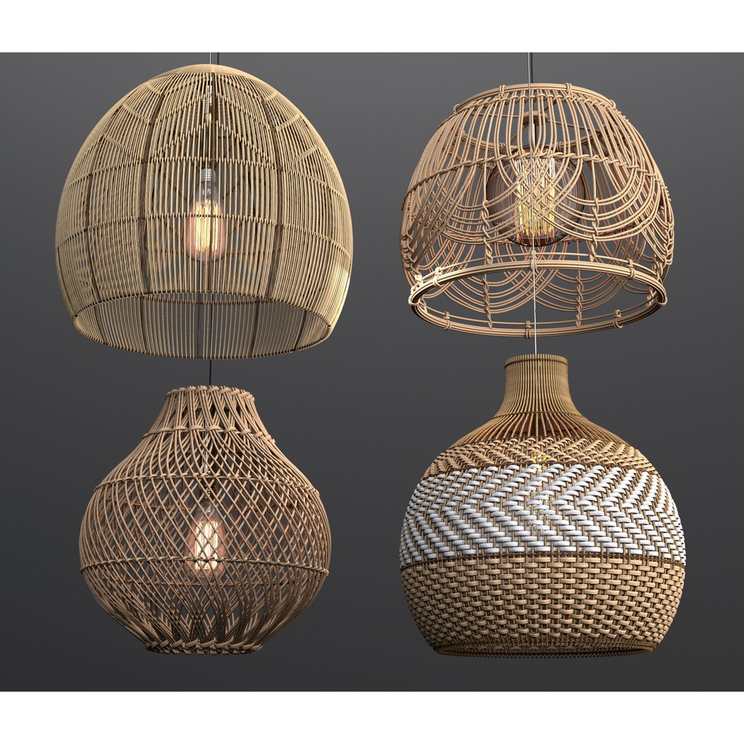 Rattan Pendant Lights 3D Model – Organic Hanging Plants, FBX & OBJ - View 7