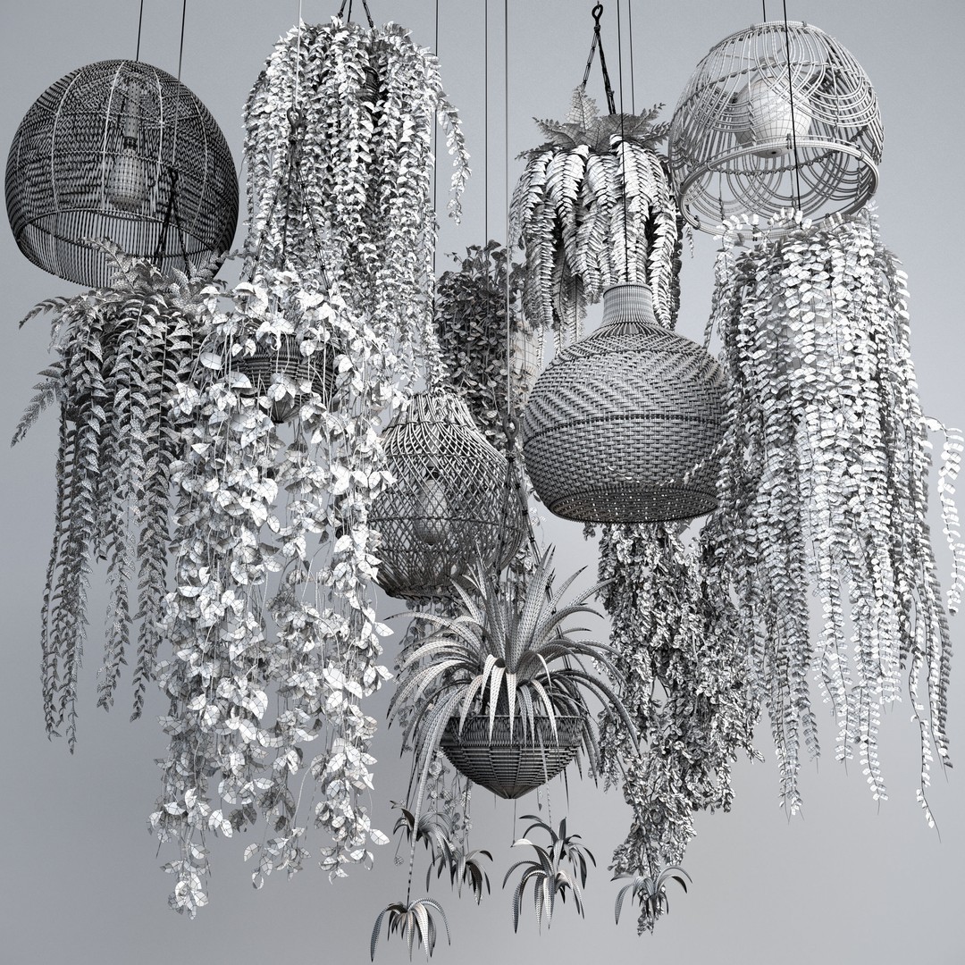 Rattan Pendant Lights 3D Model – Organic Hanging Plants, FBX & OBJ - View 8