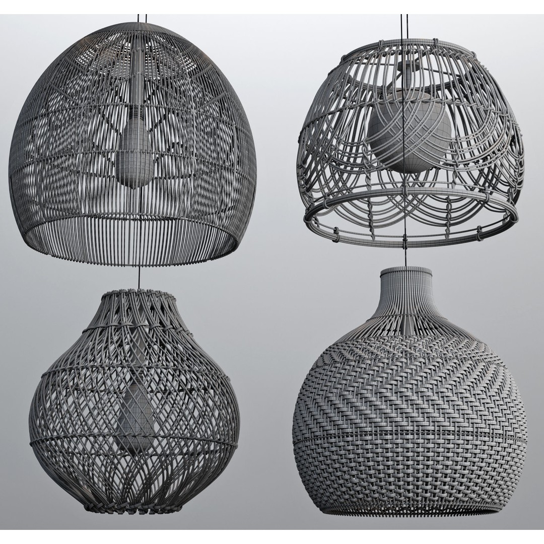 Rattan Pendant Lights 3D Model – Organic Hanging Plants, FBX & OBJ - View 9