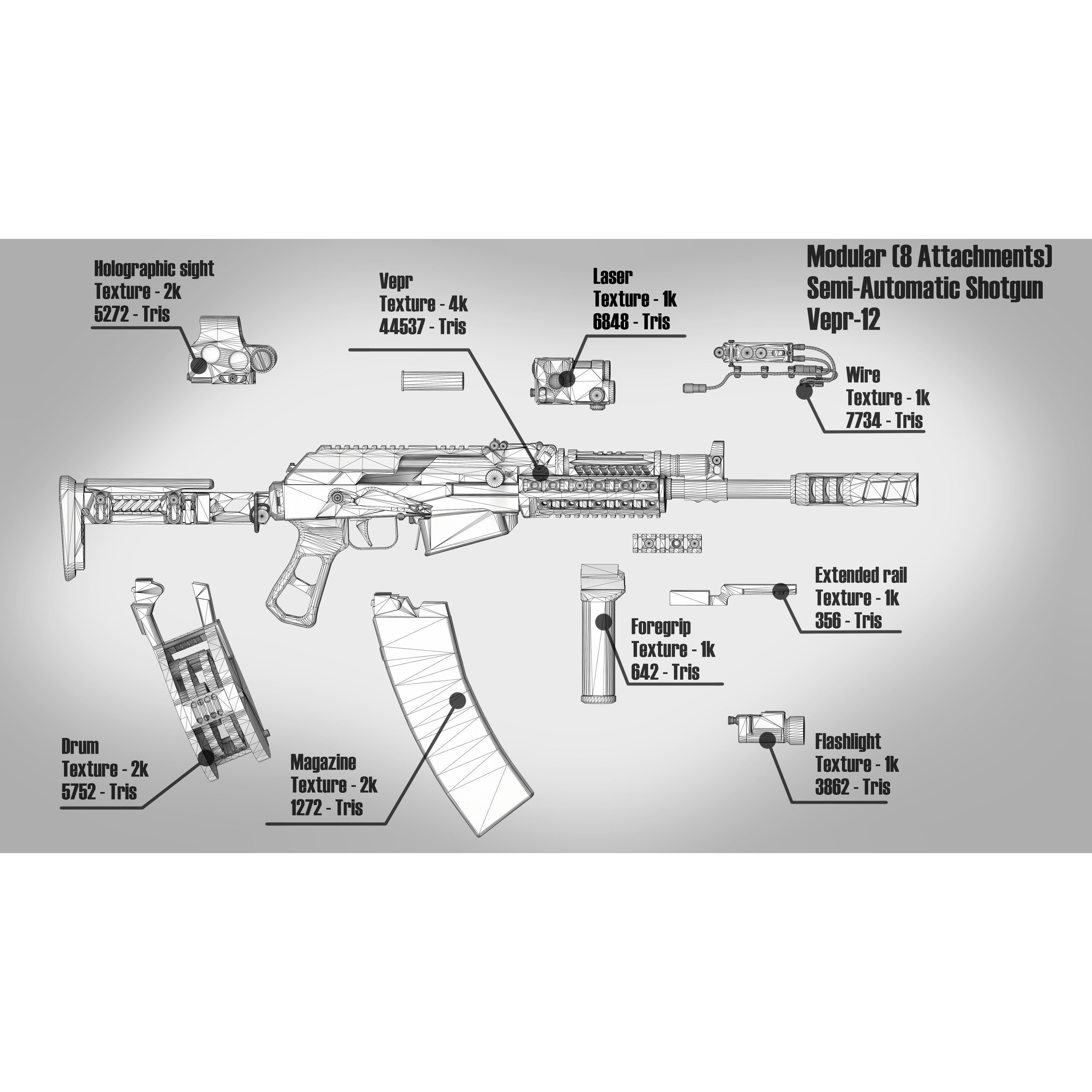 Vepr-12 Modular Shotgun - Low-Poly Game-Ready 3D Model - View 3