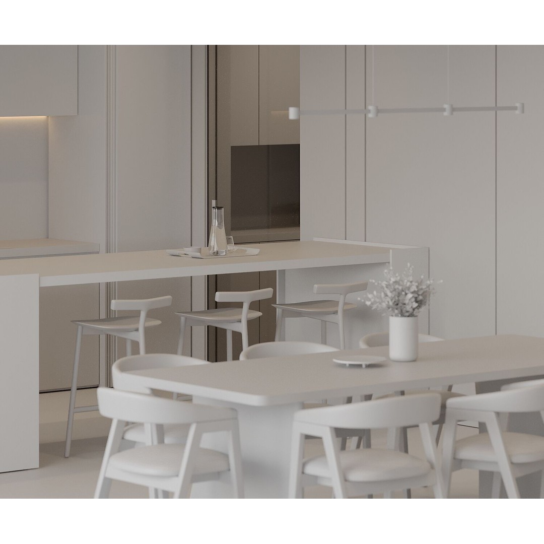 Moonlit Villa 3D Model – Cozy Living Room, Dining, and Kitchen Scene