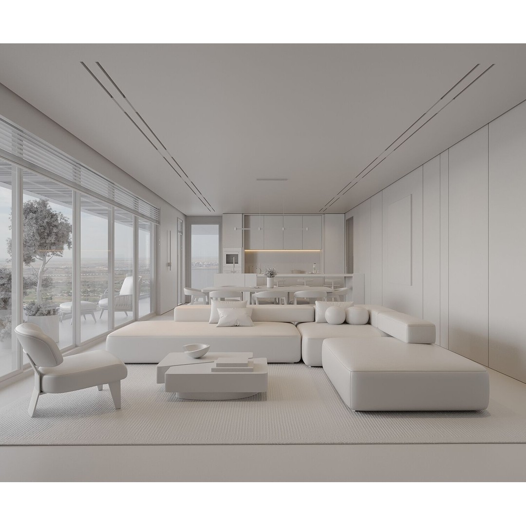 Moonlit Villa 3D Model – Cozy Living Room, Dining, and Kitchen Scene - View 12