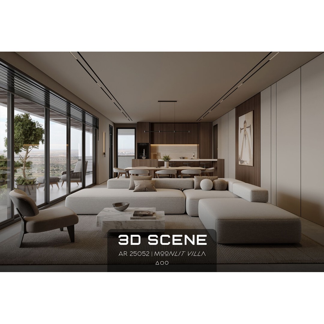 Moonlit Villa 3D Model – Cozy Living Room, Dining, and Kitchen Scene - View 16