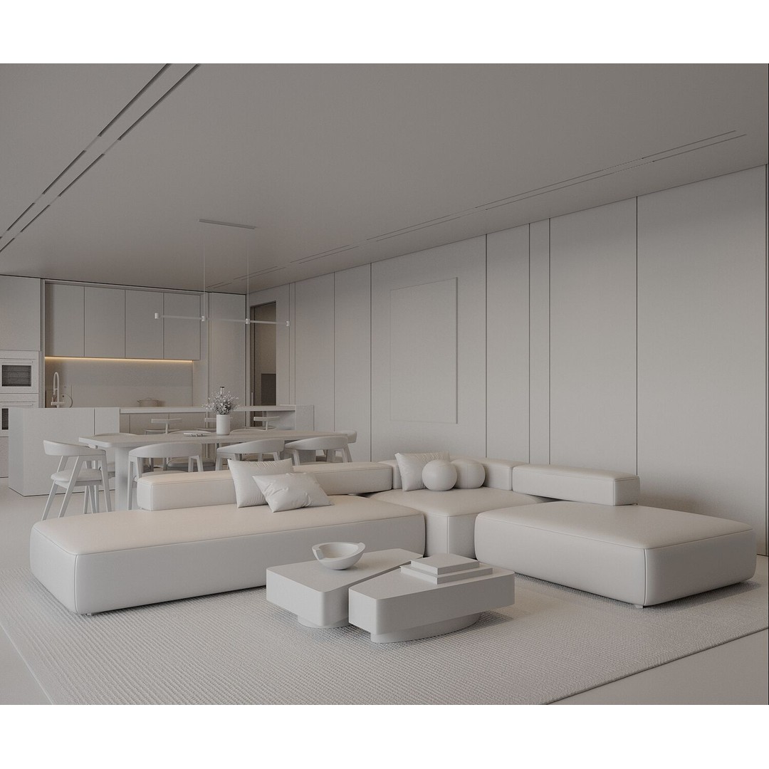 Moonlit Villa 3D Model – Cozy Living Room, Dining, and Kitchen Scene - View 17