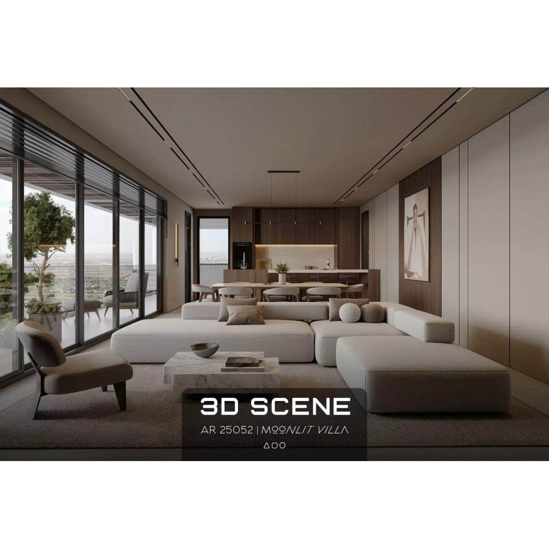 Moonlit Villa 3D Model – Cozy Living Room, Dining, and Kitchen Scene - View 2