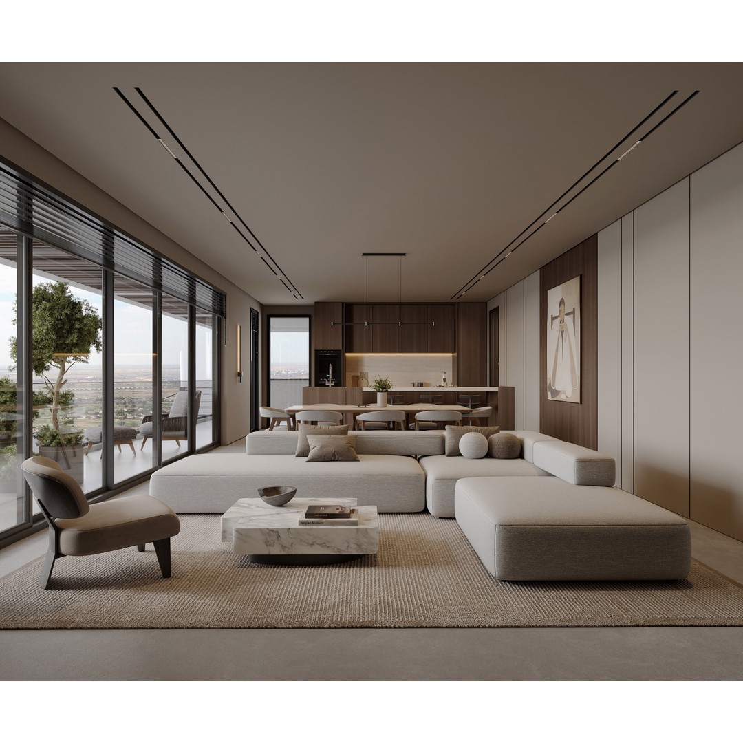 Moonlit Villa 3D Model – Cozy Living Room, Dining, and Kitchen Scene - View 3