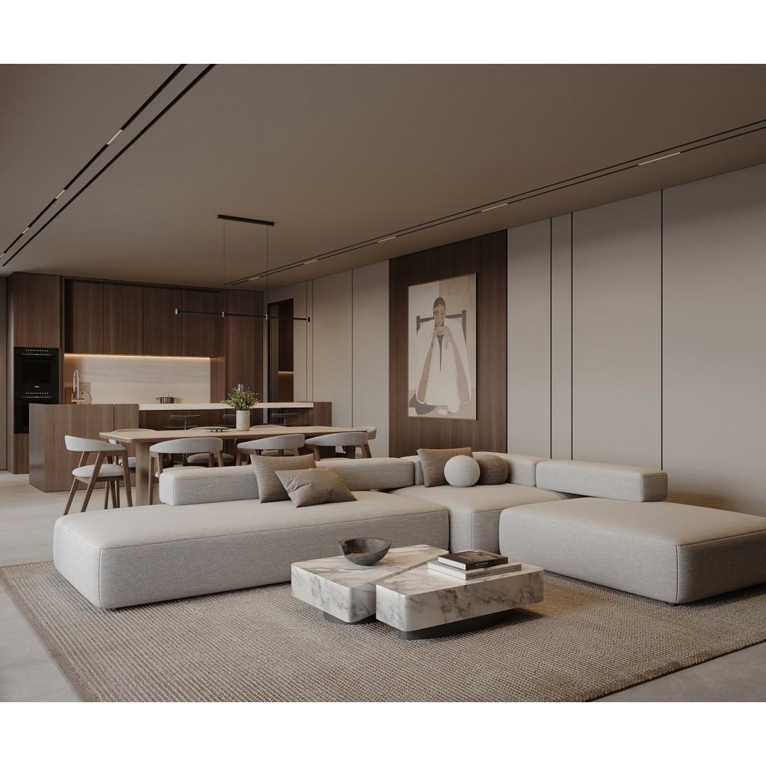 Moonlit Villa 3D Model – Cozy Living Room, Dining, and Kitchen Scene - View 5